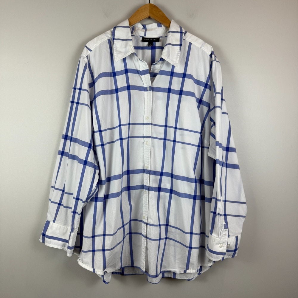 Lane Bryant Shirt Women's 28 Blue White Confetti Plaid Long Sleeve Button Front